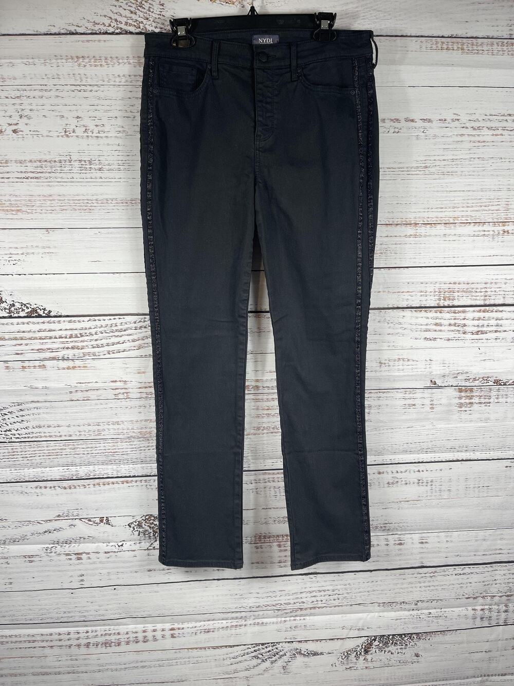 NYDJ Sheri Slim Straight Jeans Womens 10 Gray Sequin Side Stripe Denim Lift Tuck